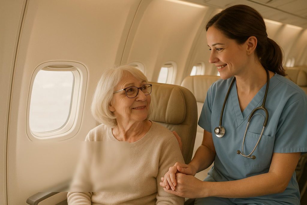 Medical escort supporting an elderly patient on a plane for long-distance patient transport.