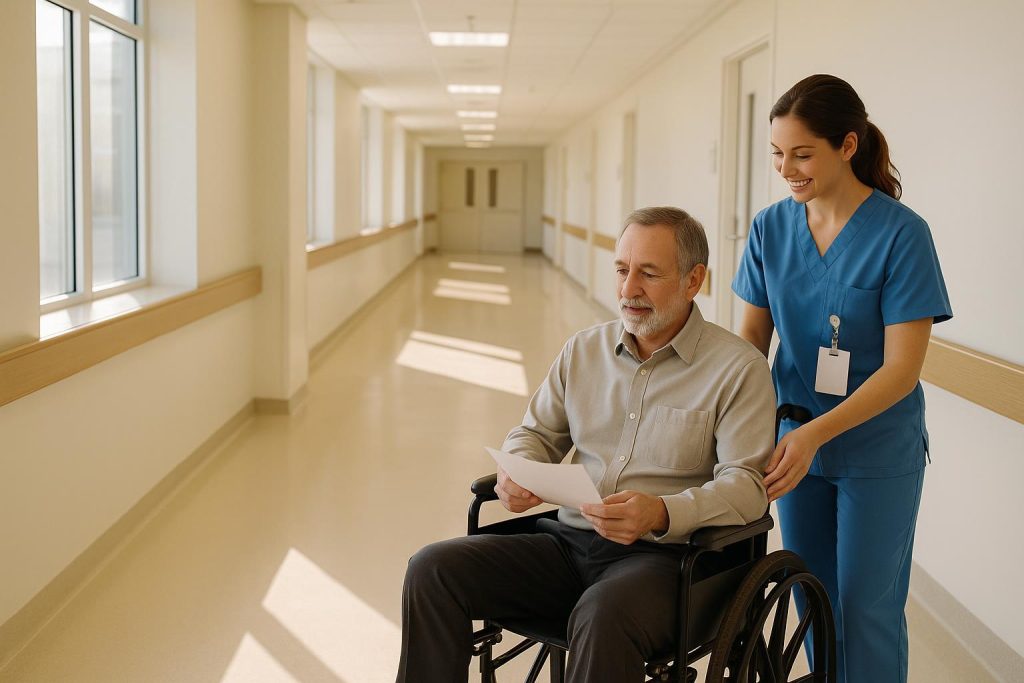 Nurse assisting patient with medical travel coordination during hospital discharge.