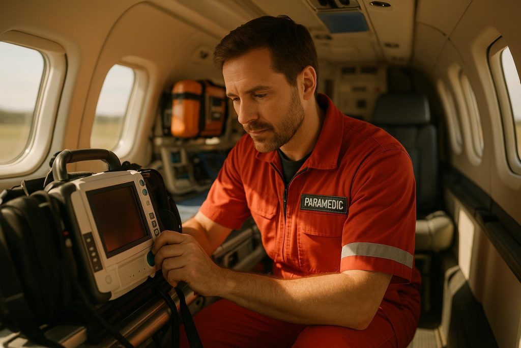 Medical staff inside an air ambulance checking specialized equipment, representing comprehensive air ambulance assistance.