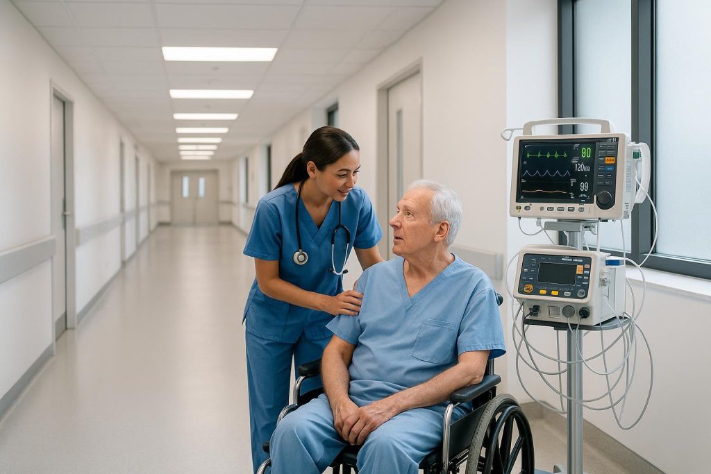 Medical escort overseeing advanced life support coordination in a modern hospital setting.