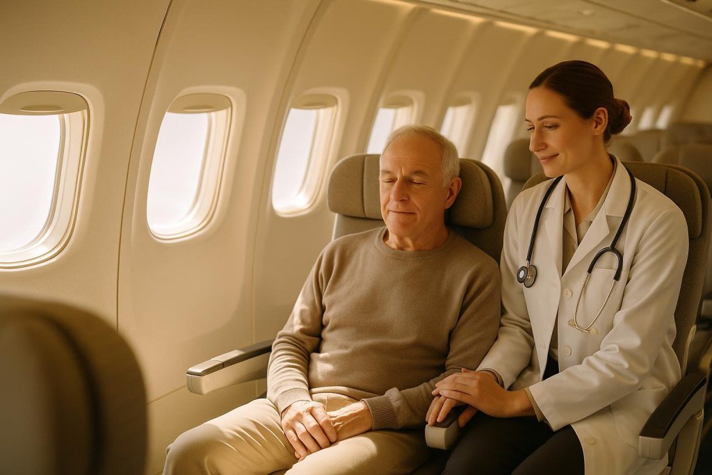 In-flight medical escorts provide attentive care to a patient in an airplane cabin.