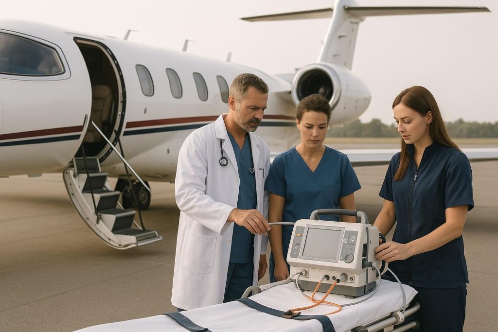 Medical team with emergency medical training ensuring safe aircraft stretcher setup.
