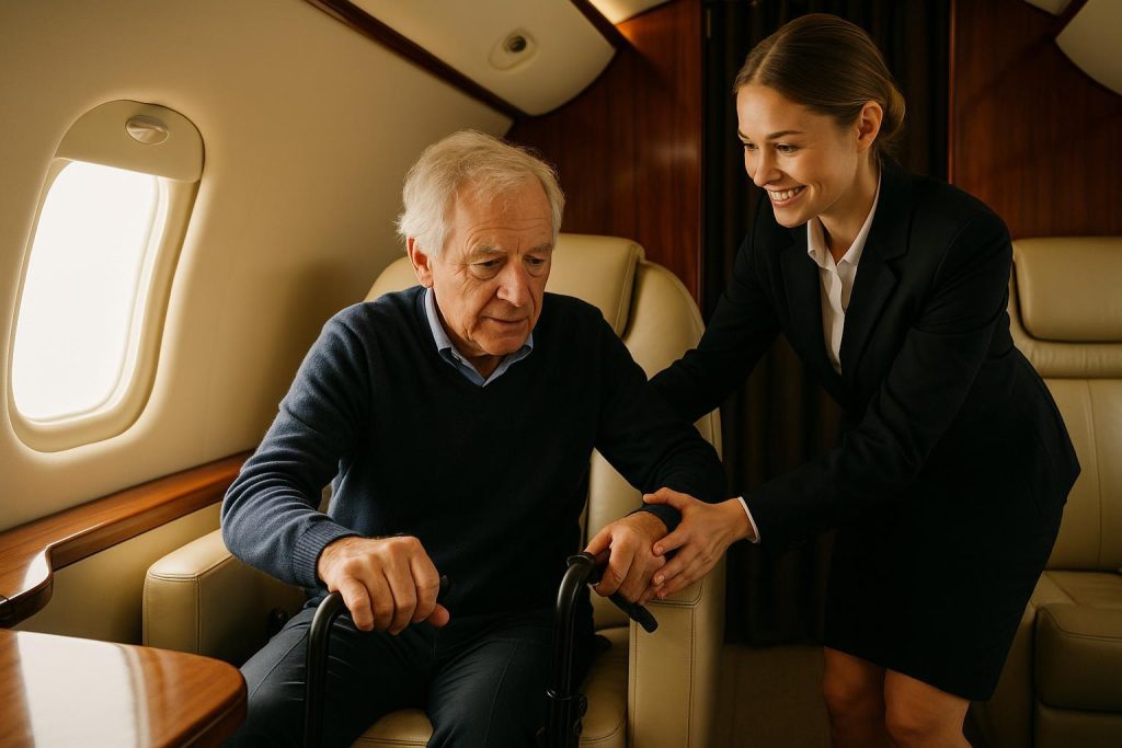 Flight attendant assisting a passenger with special needs on a private patient flight.