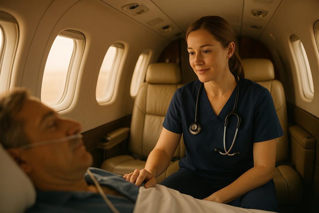 Medical provider assisting a patient inside an air ambulance, reflecting air ambulance assistance.