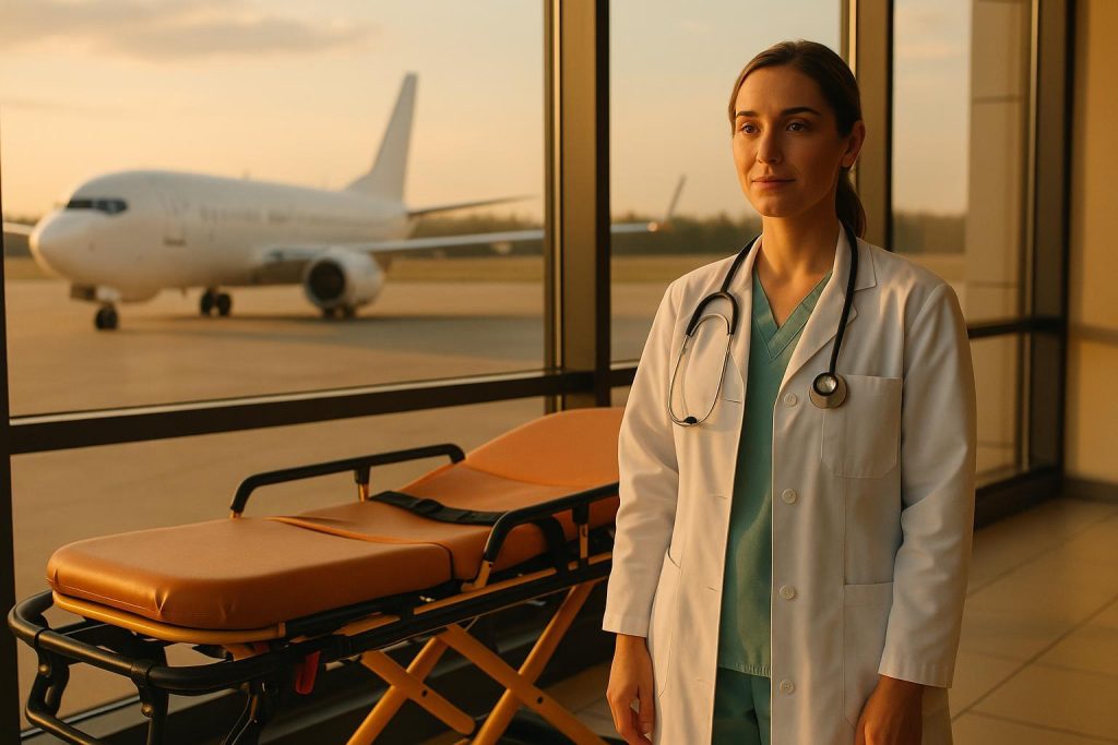 Medical professional with airline stretcher at airport, illustrating global healthcare access