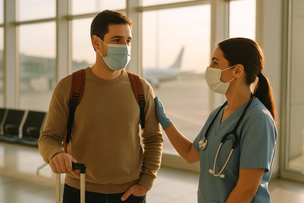 Traveler in airport with medical staff, ensuring safe Medical Repatriation back home.