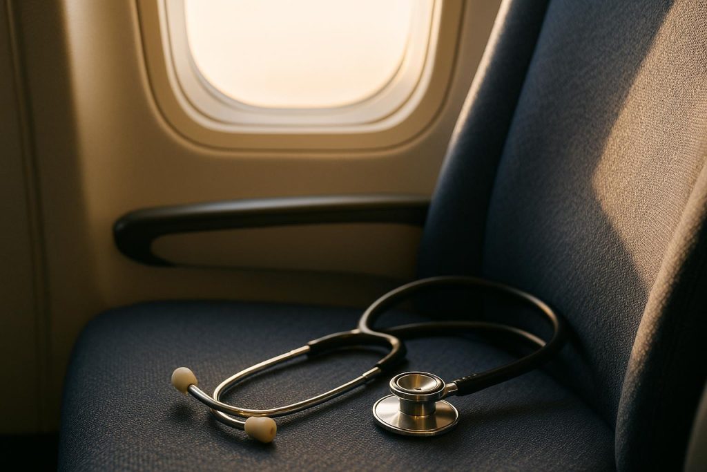 Stethoscope on airplane seat for medical escort and repatriation.