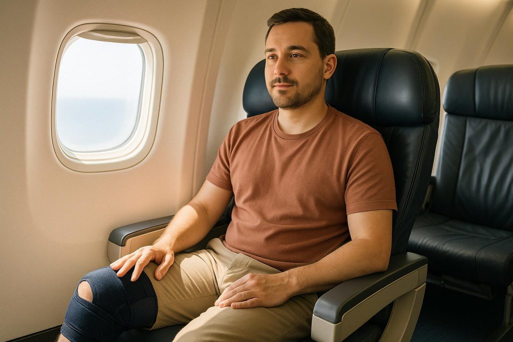Passenger with a bandaged knee using extra legroom, illustrating flying after surgery.