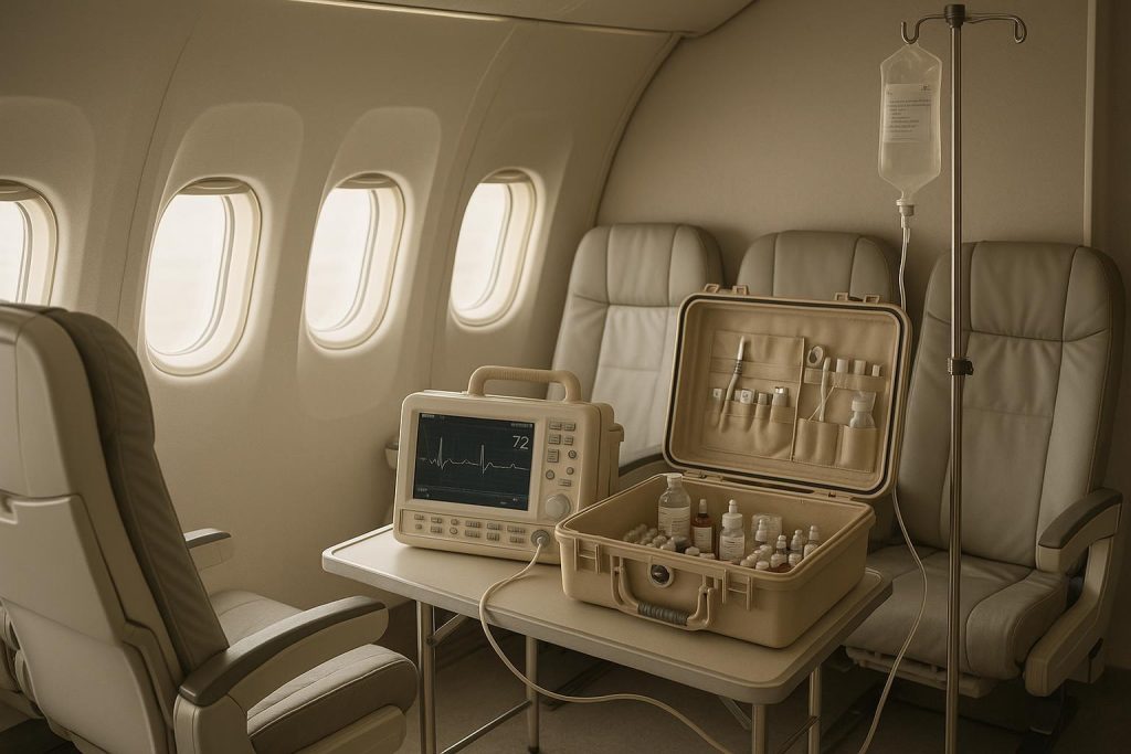 Medical escort with IV drip on a commercial flight, illustrating medical repatriation support.