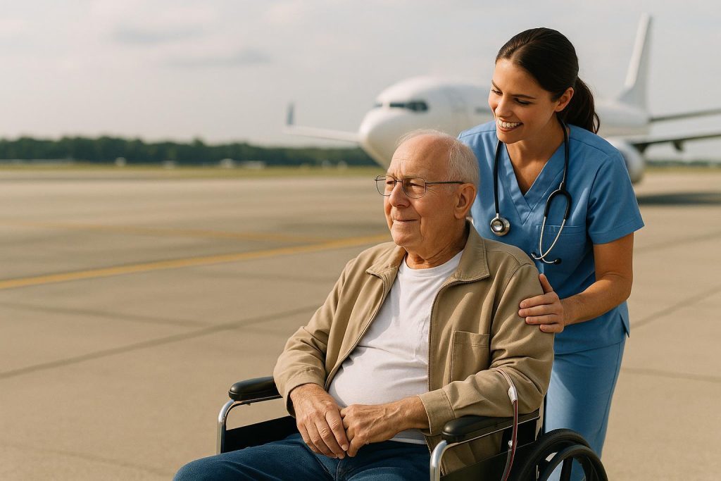 Nurse helping dialysis patient near an aircraft for long-distance medical repatriation