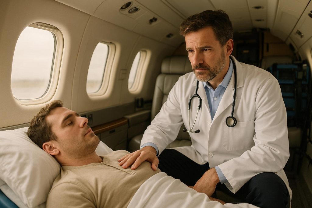 Doctor caring for patient inside an air ambulance, highlighting medical repatriation.