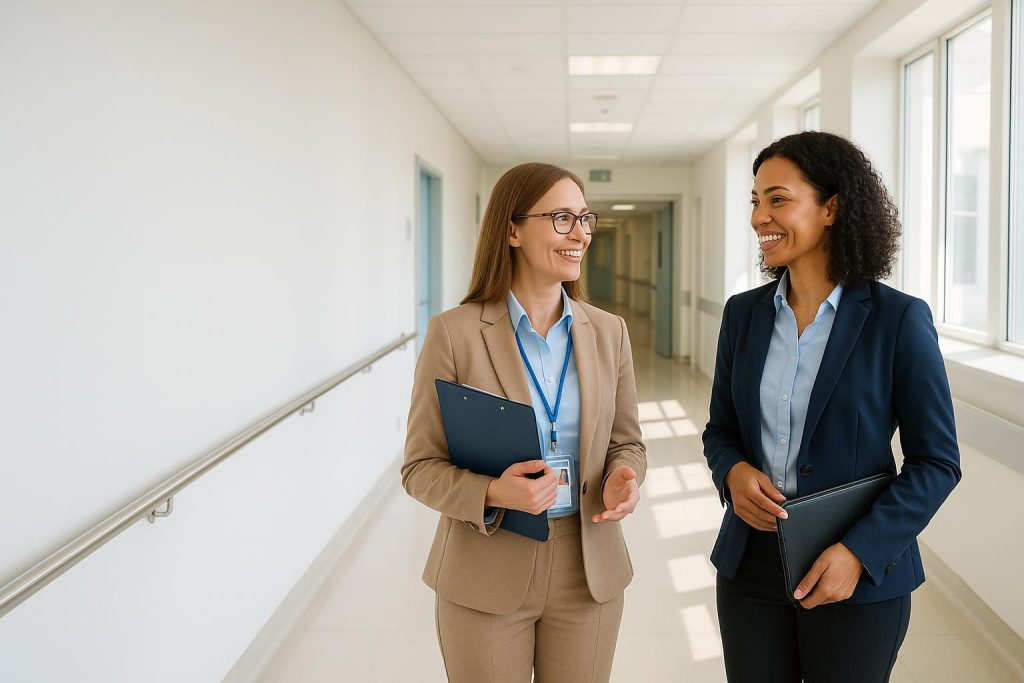 Case manager discussing insurance details for medical repatriation and hospital discharge.