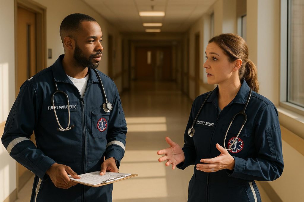 Two flight medics in a hospital corridor discussing safe medical repatriation.