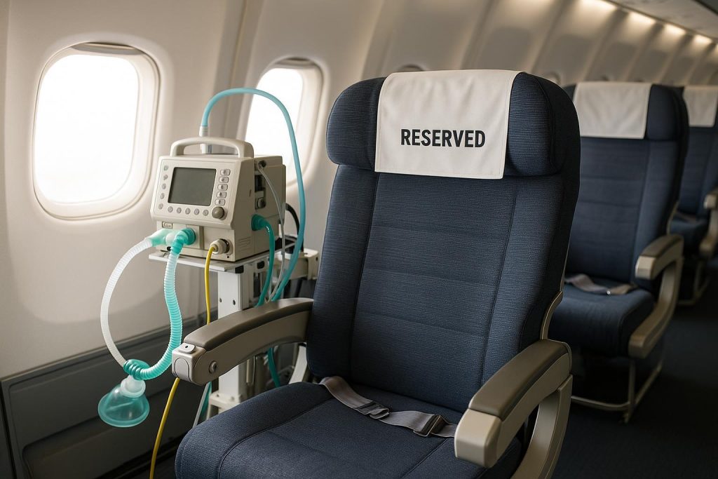 Commercial aircraft setup with an airline stretcher for medical repatriation.