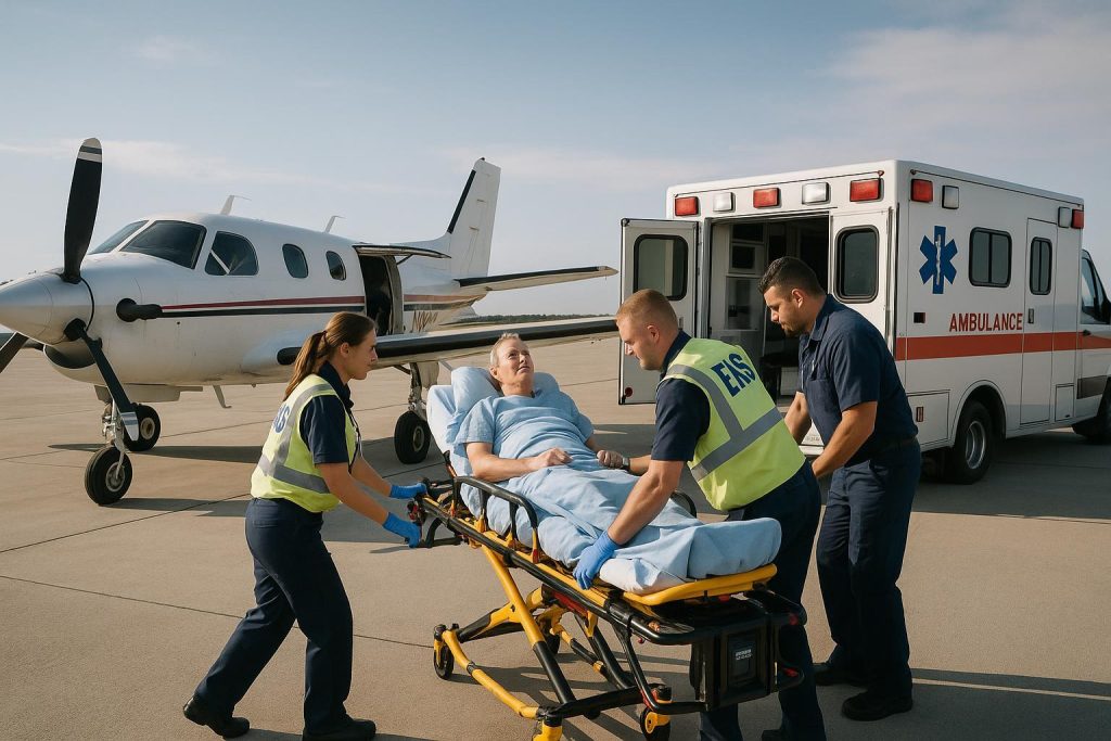 Ambulance stands beside a white medical plane on an airport tarmac, illustrating medevac ground transfer for repatriation.