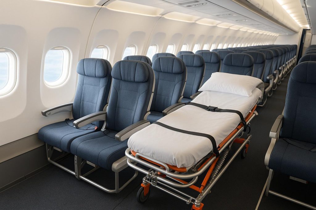 Airline stretcher set up in a plane cabin for medical repatriation.