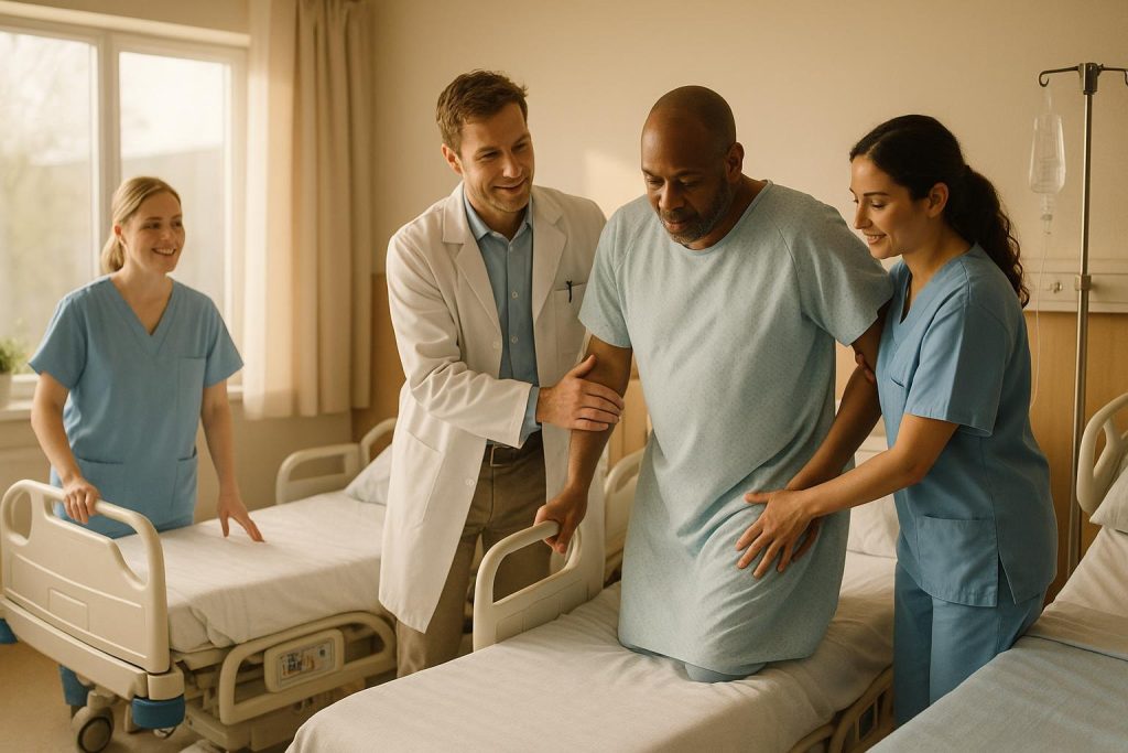 Medical professionals assisting a patient for medical repatriation in a foreign hospital.