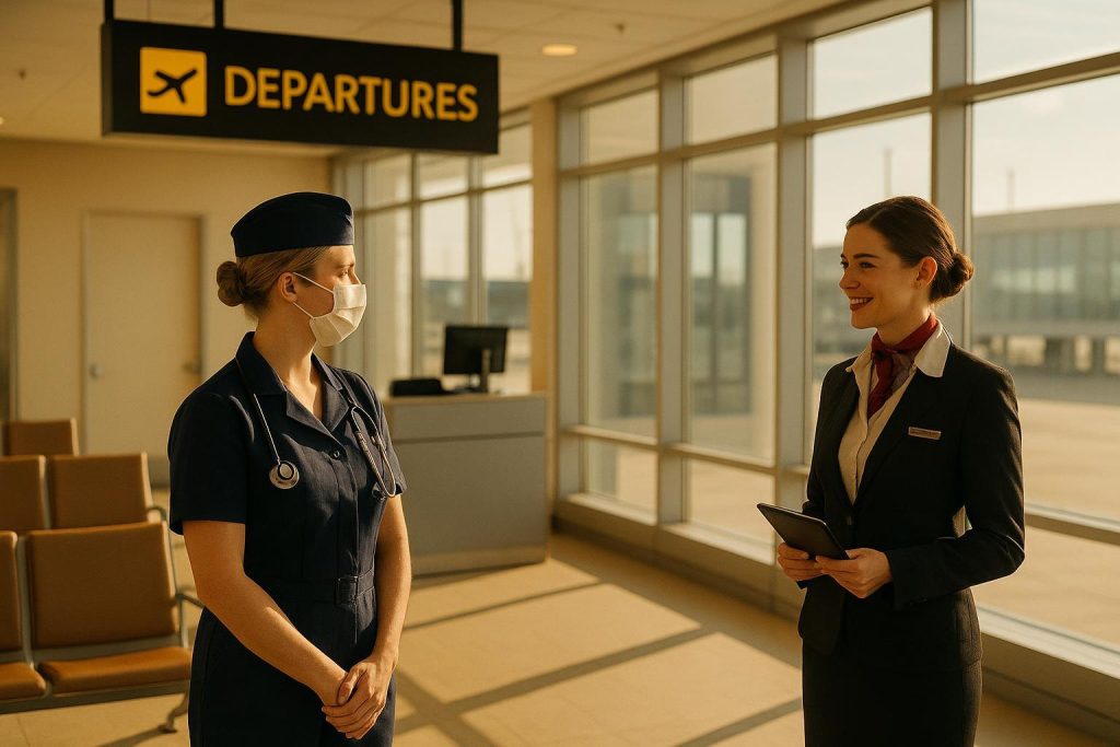 Professional medical escorts working with airline staff in a bright airport lounge.