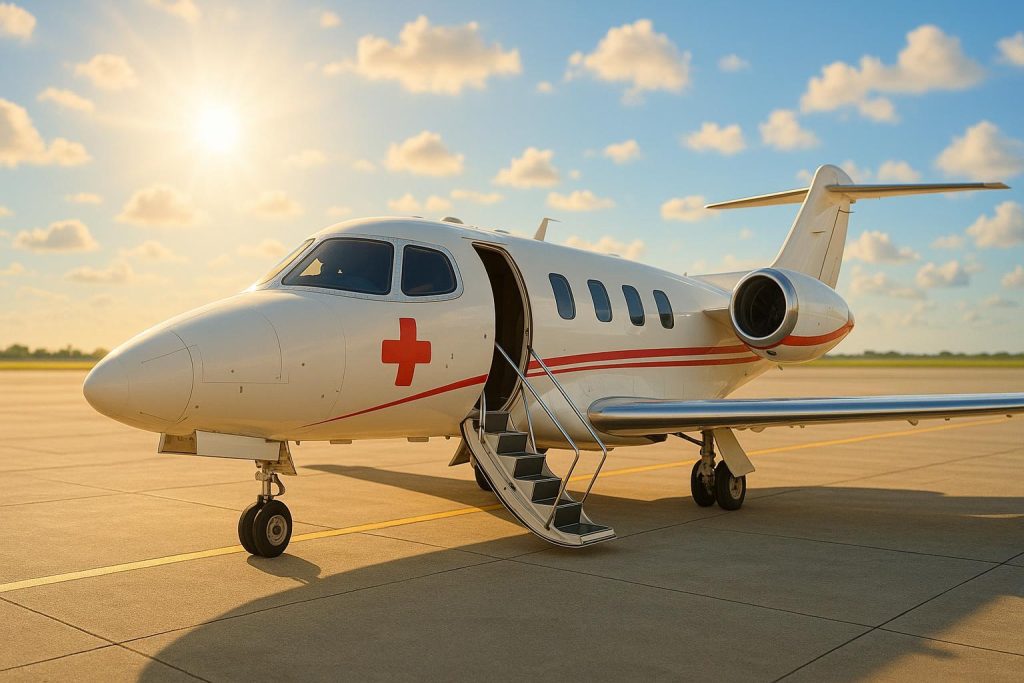 Small plane used for international air ambulance service on a bright tarmac.