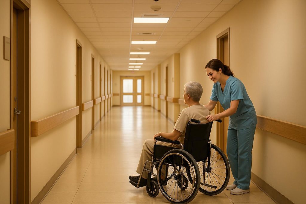 Nurse assisting a patient in a wheelchair for secure hospital transfers.