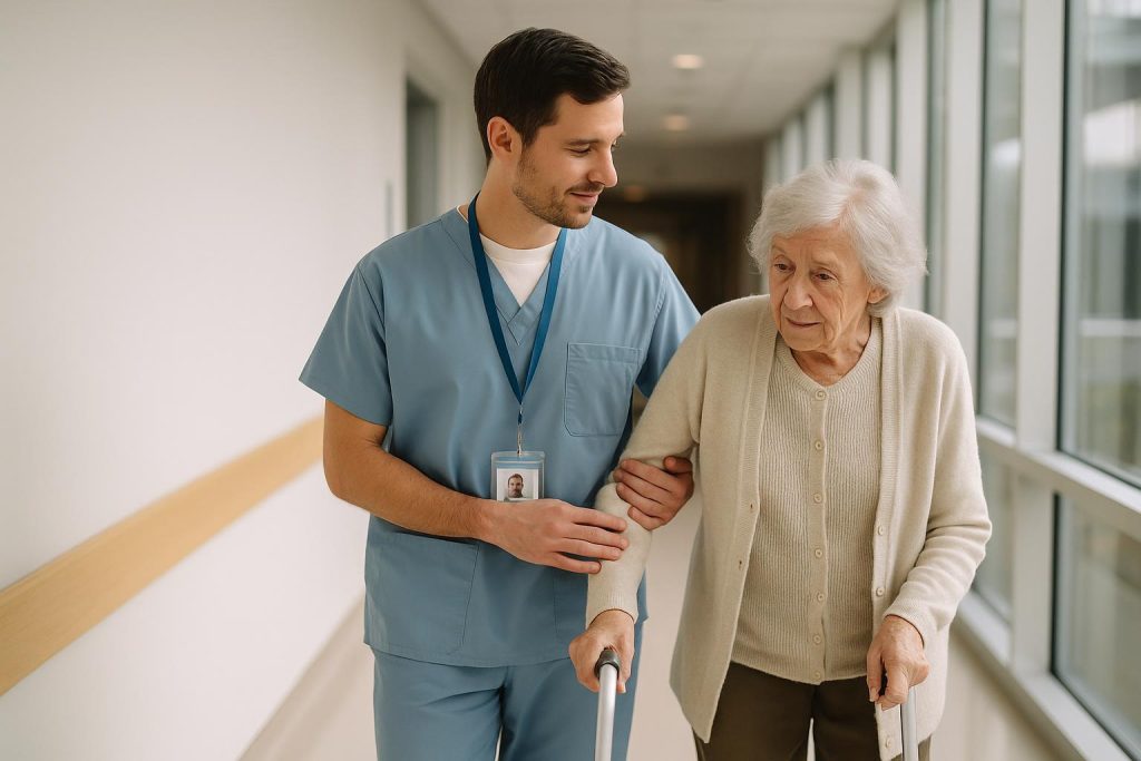 Professional medical escorts supporting an elderly patient in a hospital hallway.