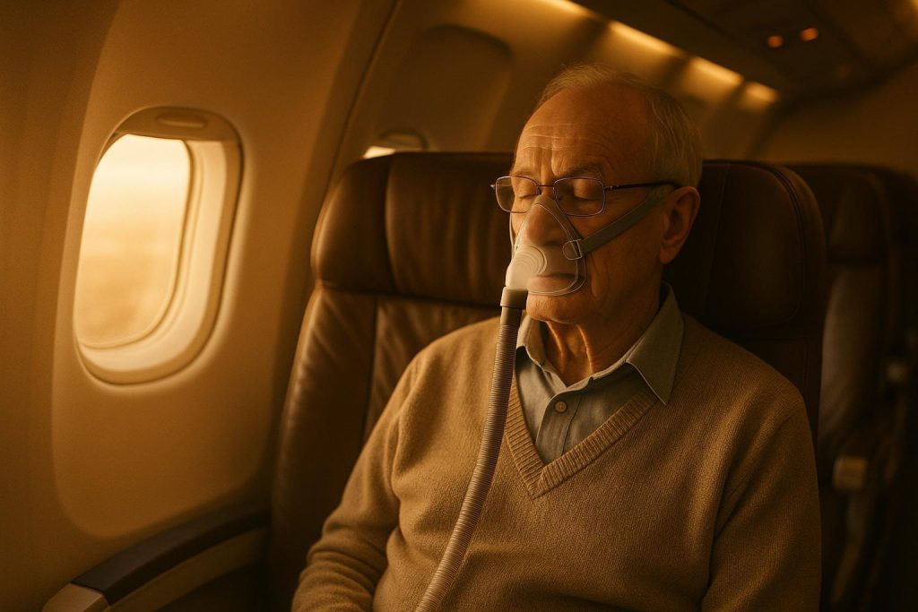 Patient with advanced respiratory conditions receiving specialized in-flight care.