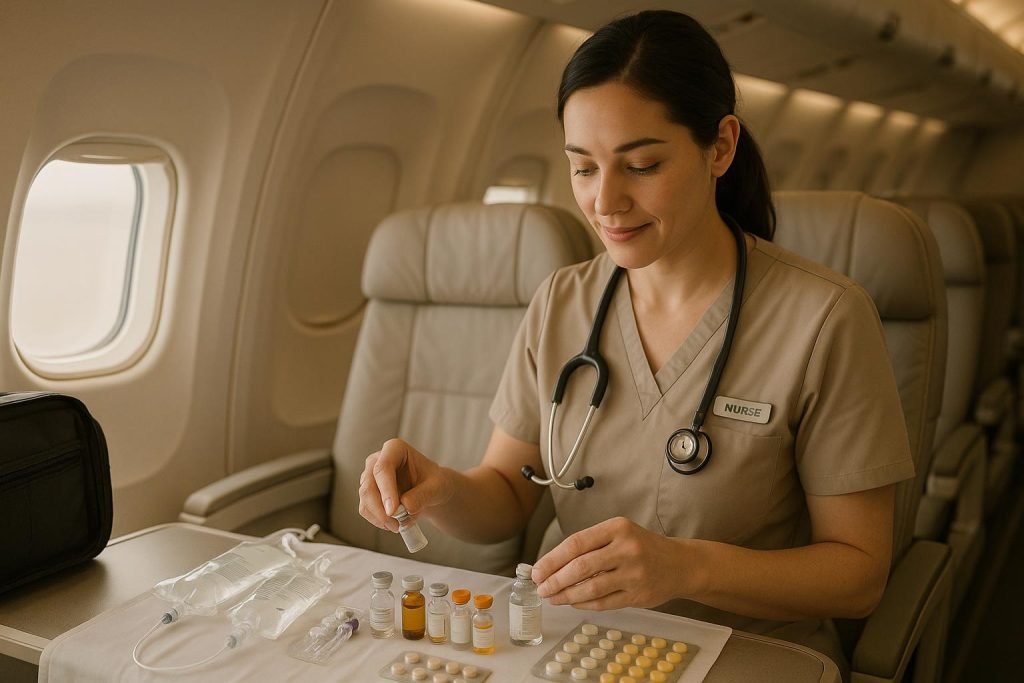 A caretaker inside an airplane cabin organizing medication for inflight caretaker support