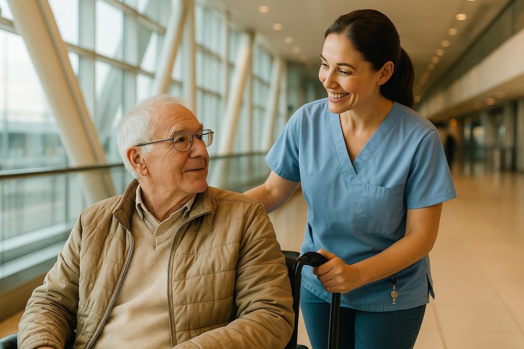 Medical escort helps older adult in airport, highlighting medical travel support.