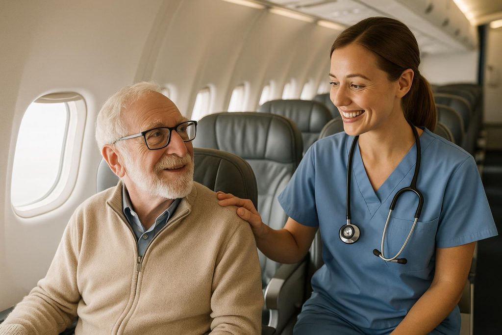 Patient receiving comfortable in-flight care for safe medical travel.