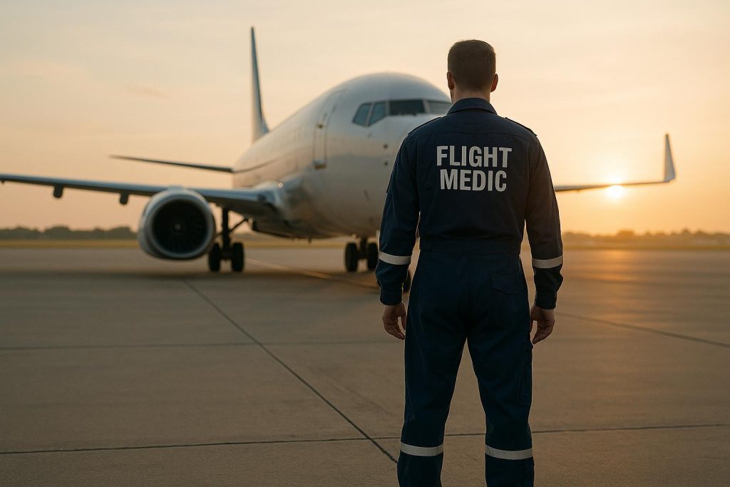 Modern airplane with a medic nearby, illustrating medical travel services.