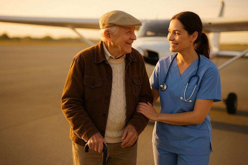 Nurse guiding older passenger near plane, illustrating medical travel.