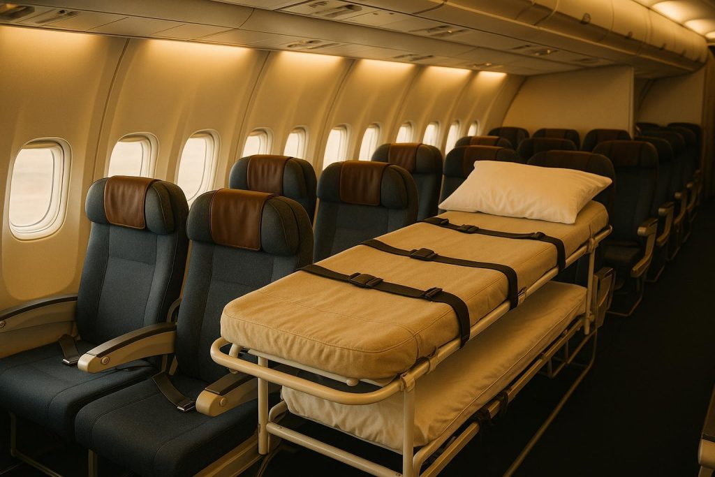 Airplane interior with a discreet stretcher for safe medical travel.