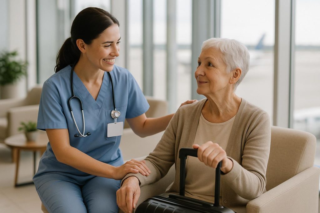 Friendly medical staff assisting older passenger in an airport lounge for medical travel.