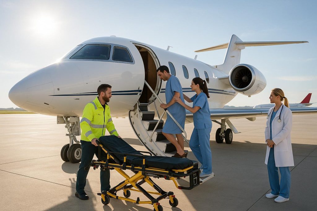 Medical crew assisting a patient on an airport tarmac for timely ambulance services.