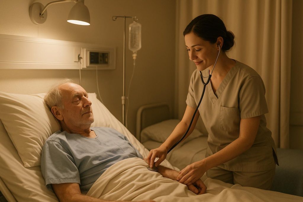 Nurse assessing an older patient's stability for non-emergency air transport
