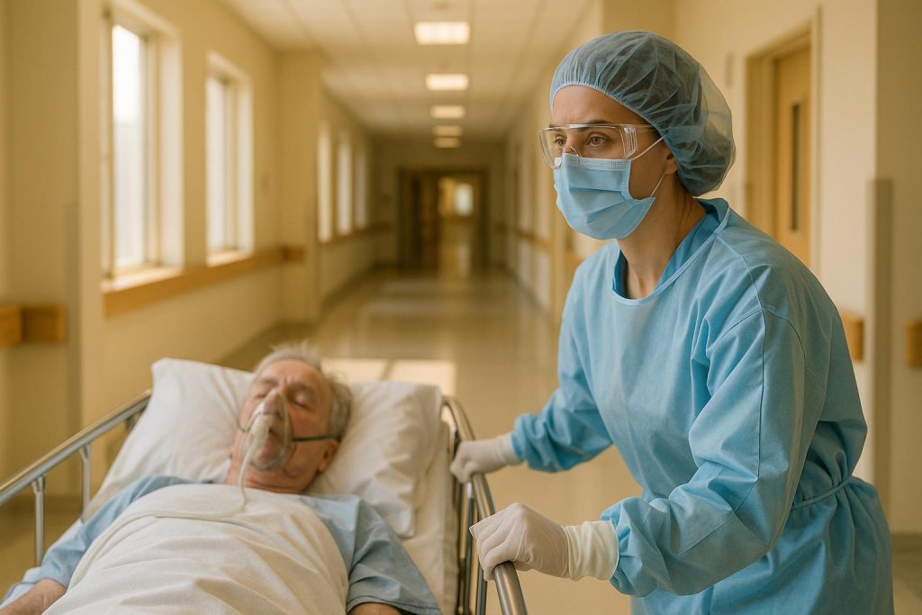 Nurse in protective gear attending a critically ill patient, illustrating critical care mobility.