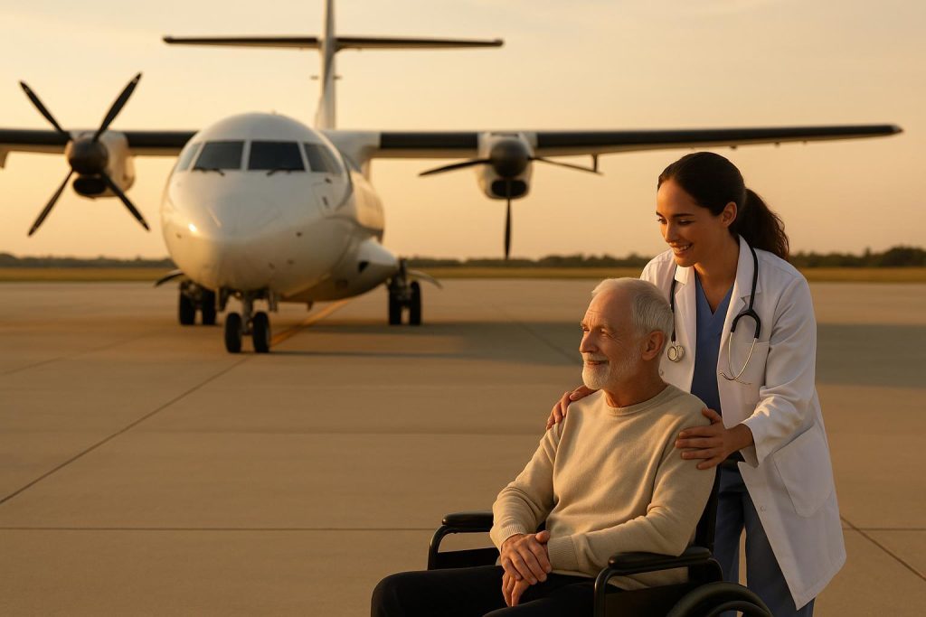 A nurse assists an older patient near a plane, highlighting bed-to-bed transfer differences.