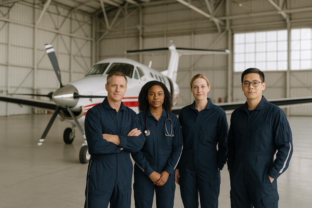 Medical professionals prepared for an international transfer in a bright hangar.