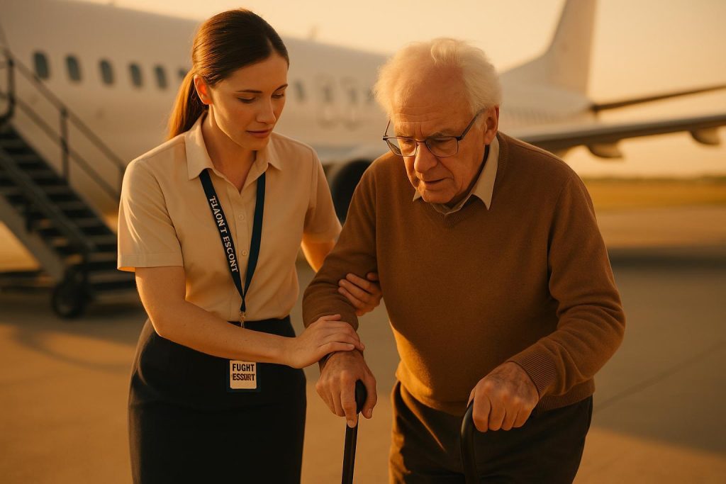 Flight escorts assist a wheelchair passenger, illustrating disability flight escort service