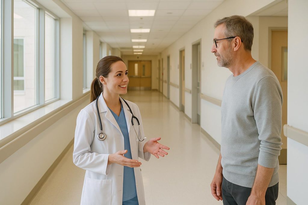 Nurse and patient in a bright hospital corridor discussing medical repatriation.