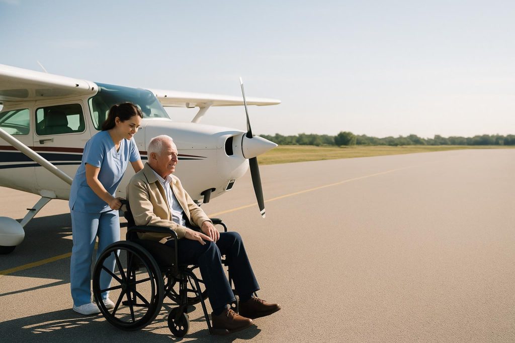 Nurse assisting older patient near a plane for medical repatriation.