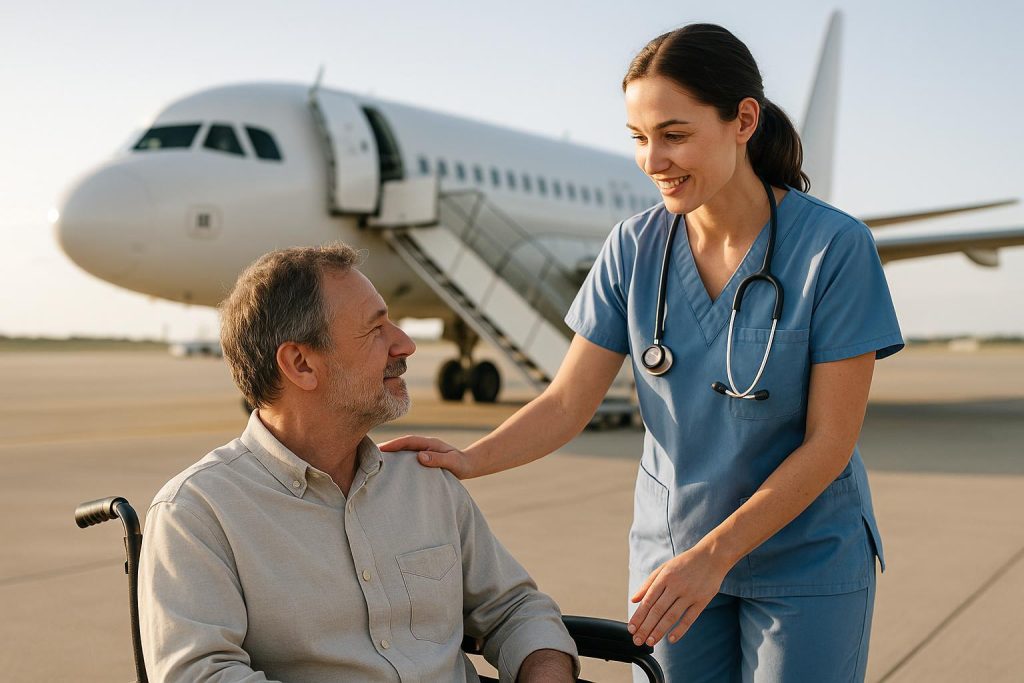 Nurse assisting wheelchair patient near an aircraft for Medical Repatriation.