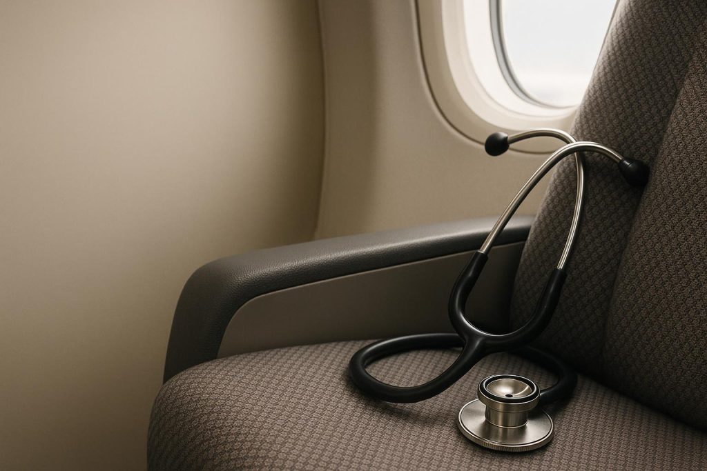 Stethoscope on an airplane seat, representing medical repatriation.