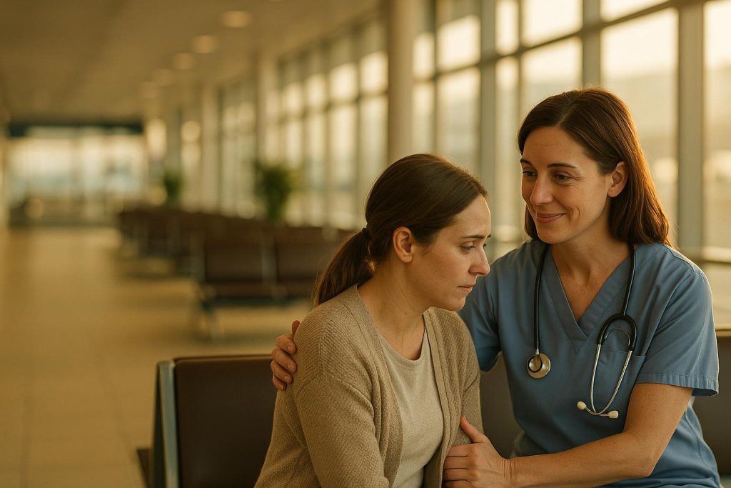 Medical professional assisting a patient in an airport as part of a medevac procedure.