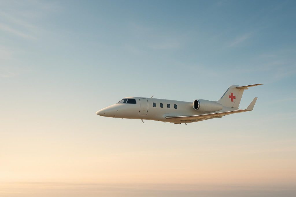 Air ambulance in flight illustrating extended medical repatriation range.