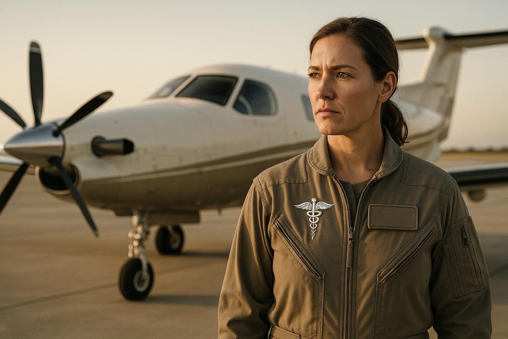 A flight nurse in uniform standing beside a small plane, representing medical repatriation services.