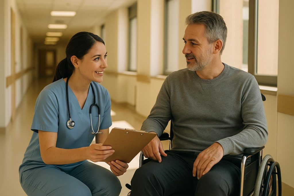 Nurse and patient in a hospital corridor discussing medical repatriation before transfer.