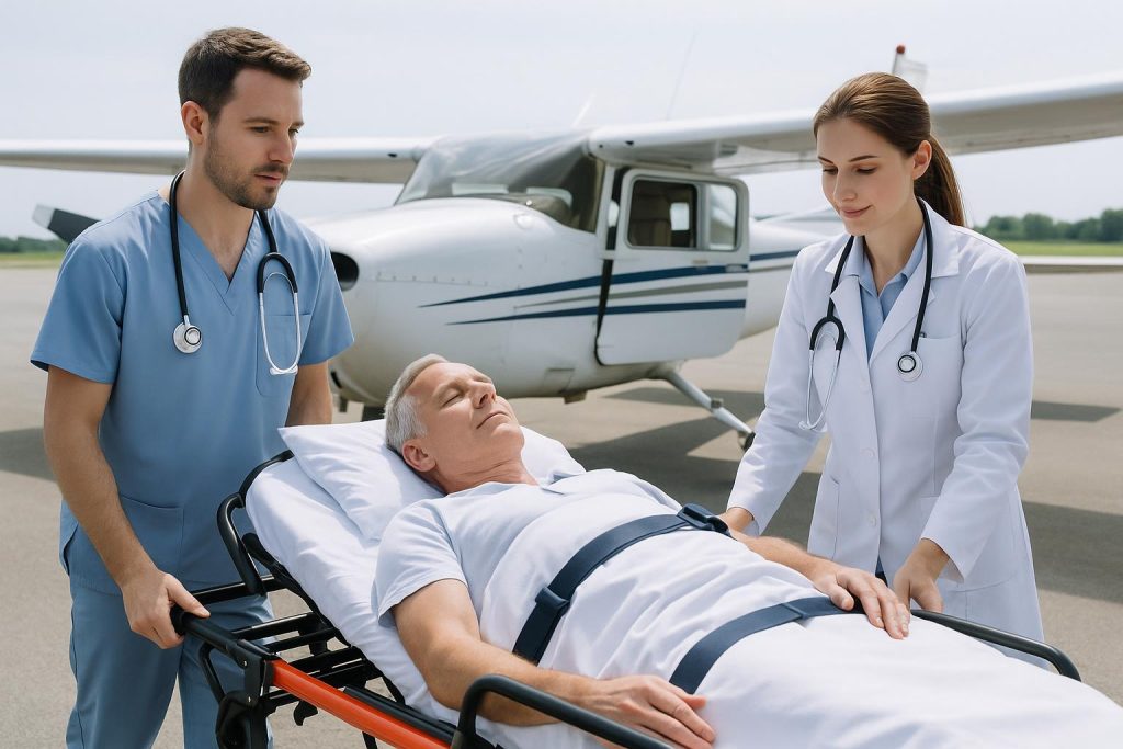 Healthcare team arranging a patient for medical repatriation on a plane.