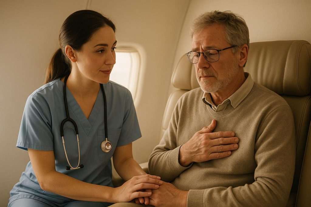 Medical escort providing onboard healthcare help mid-flight.
