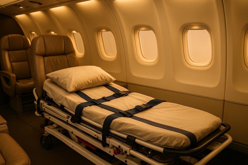 Airline stretcher setup in a commercial cabin showing onboard healthcare help.